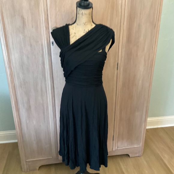 Tracy Reese Anthropologie black stretch jersey asymmetrical ruched midi dress - Picture 15 of 16